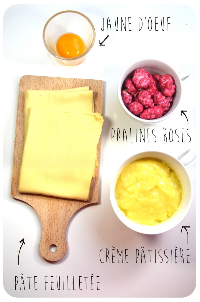 ingredients-recette-coeurs-feuilletés-praline-rose-crème-patissière